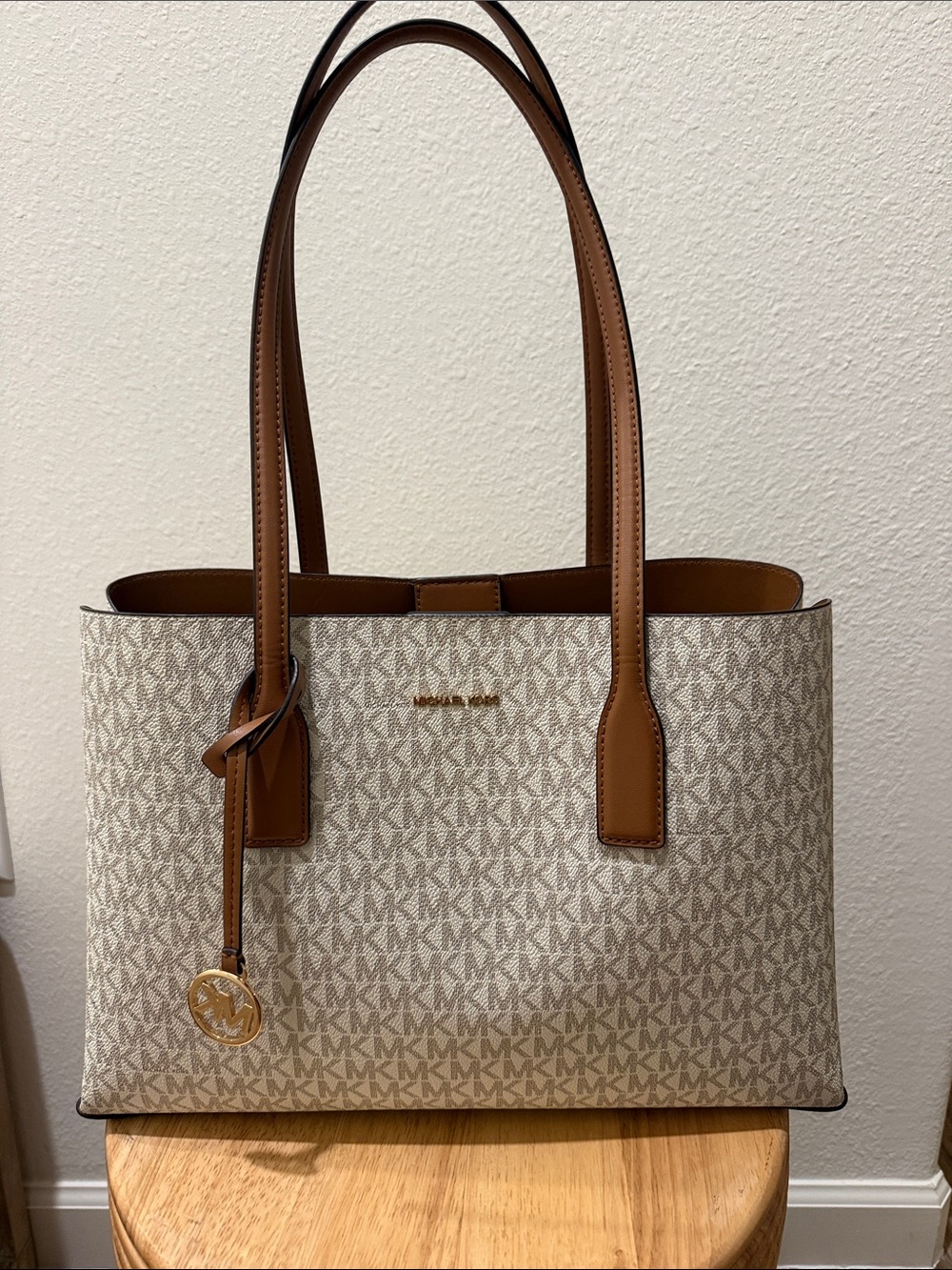 Michael Kors Beige Signature Tote with Brown Trim